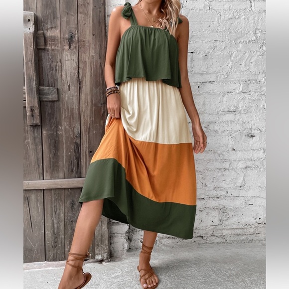 Boho Color Block Ruffle Neck Cami Maxi Dress - Picture 7 of 8